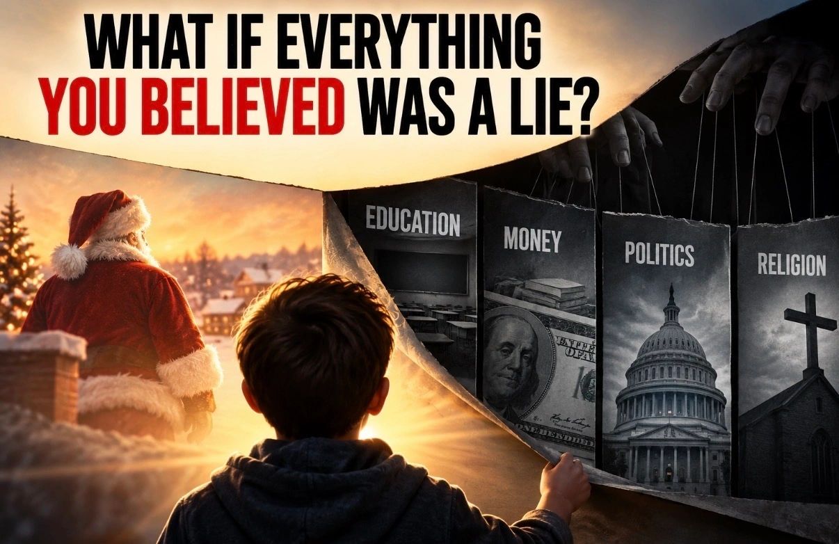 Santa Claus beside panels labeled education, money, politics, and religion